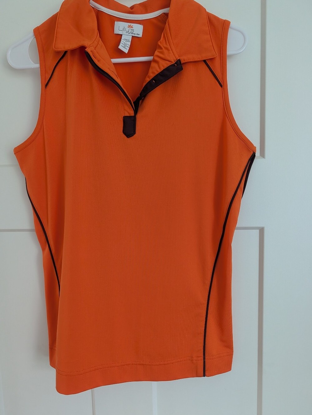 EUC Lily's Of Beverly Hill  Orange Sleeveless Polo with Brown Trim Size Medium